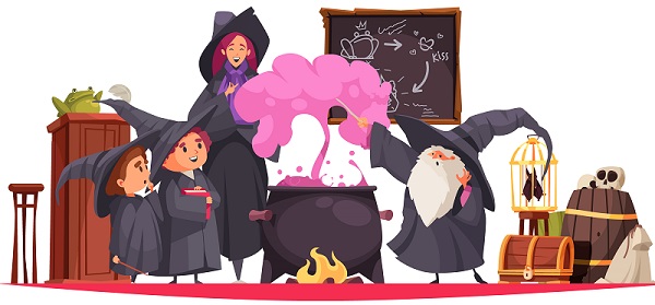 Magic school composition with cartoon style characters of students and teacher performing alchemy experiments in class vector illustration